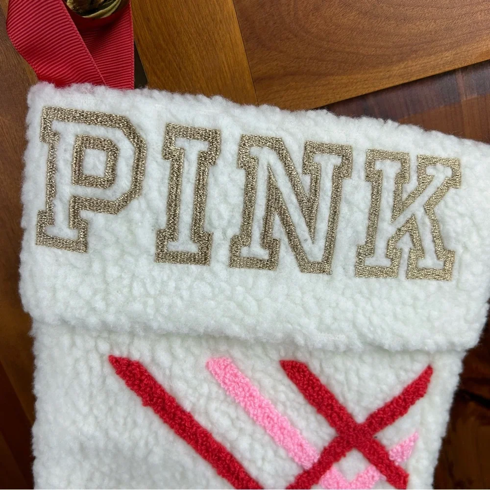 NEW - PINK By Victoria’s Secret Sherpa White Candy Cane Christmas Stocking Fairy